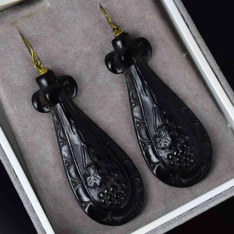 ladies' shell pearl earrings -Antique Victorian Grapevine Carved Whitby Jet Drop Earrings