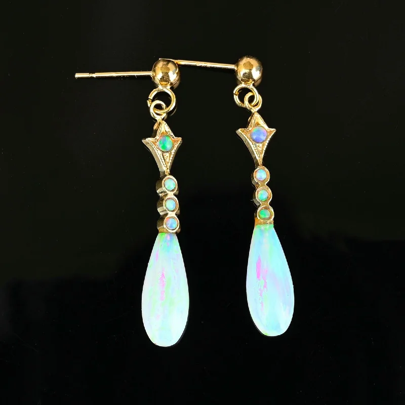 women's bohemian earrings -Gorgeous Vintage Gold Dangle Teardrop Opal Earrings