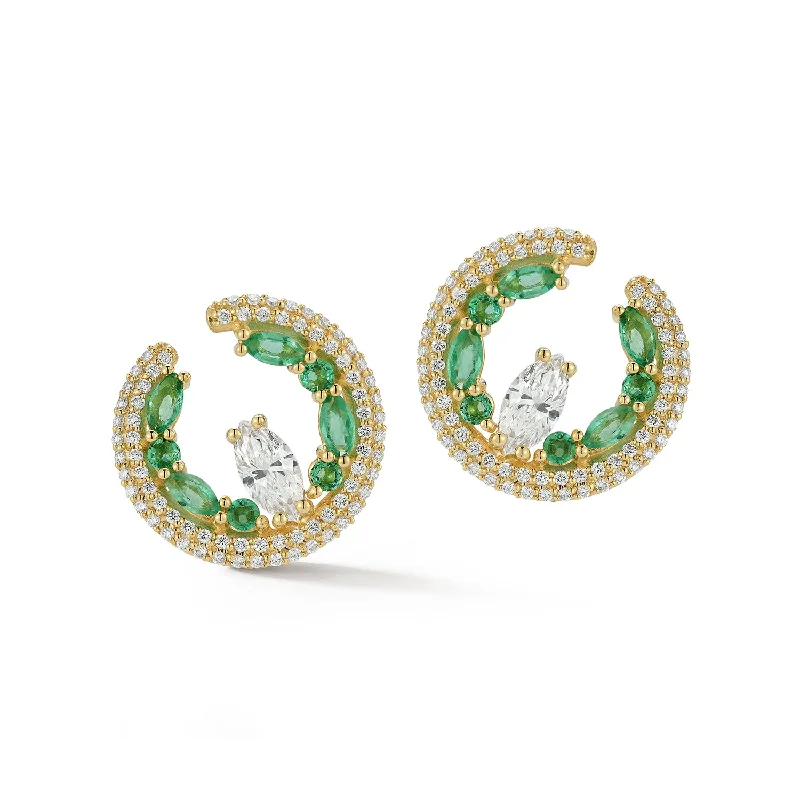 women's personalized earrings -Diamond and Emerald Crested Wave Hoops