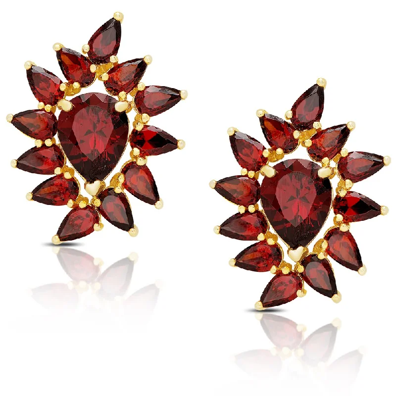 women's drop earrings -Dolce Giavonna Gold Over Silver Simulated Garnet Flower Design Stud Earrings