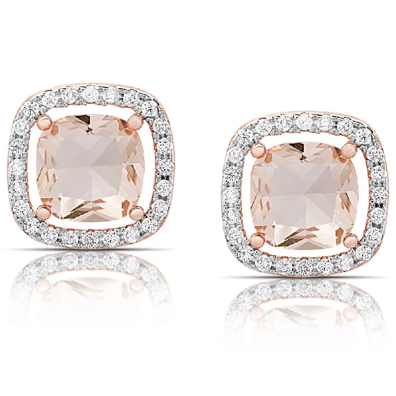 stylish crystal earrings for women -Dolce Giavonna Rose Gold Overlay Simulated Morganite Square Halo Stud Earrings