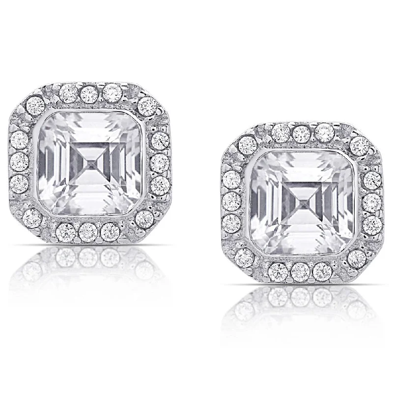 trendy stud earrings for women -Dolce Giavonna Sterling Silver Cubic Zirconia Square Halo Stud Earrings