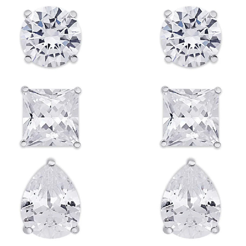 trendy geometric earrings for women -Dolce Giavonna Sterling Silver Cubic Zirconia Stud Earrings Set