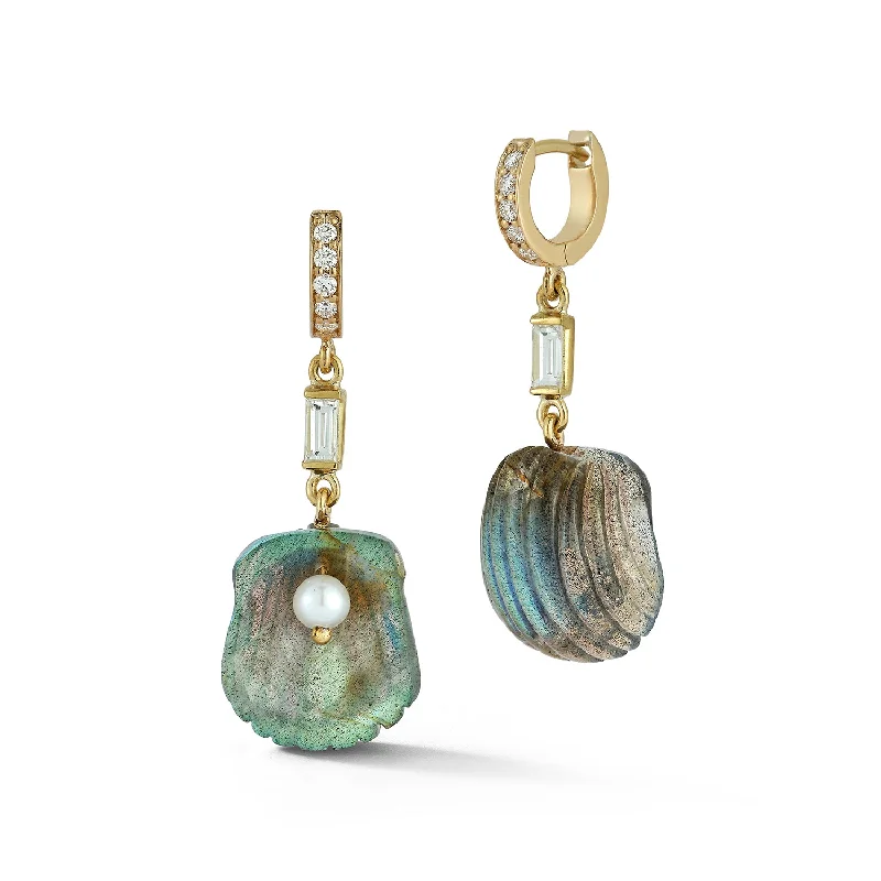 elegant pearl earrings for women -Dream Shell Huggies - Labradorite