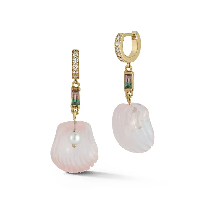 women's black earrings -Dream Shell Huggies - Rose Quartz and Watermelon Tourmaline