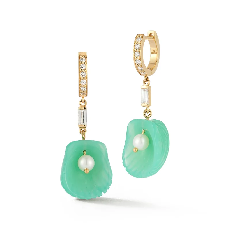 women's chain earrings -Dream Shell Huggies - Chrysoprase