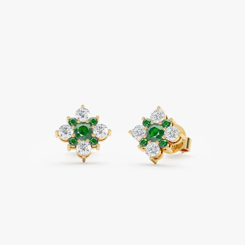 women's ombre earrings -Emerald Diamond Flower Stud Earrings, Eve