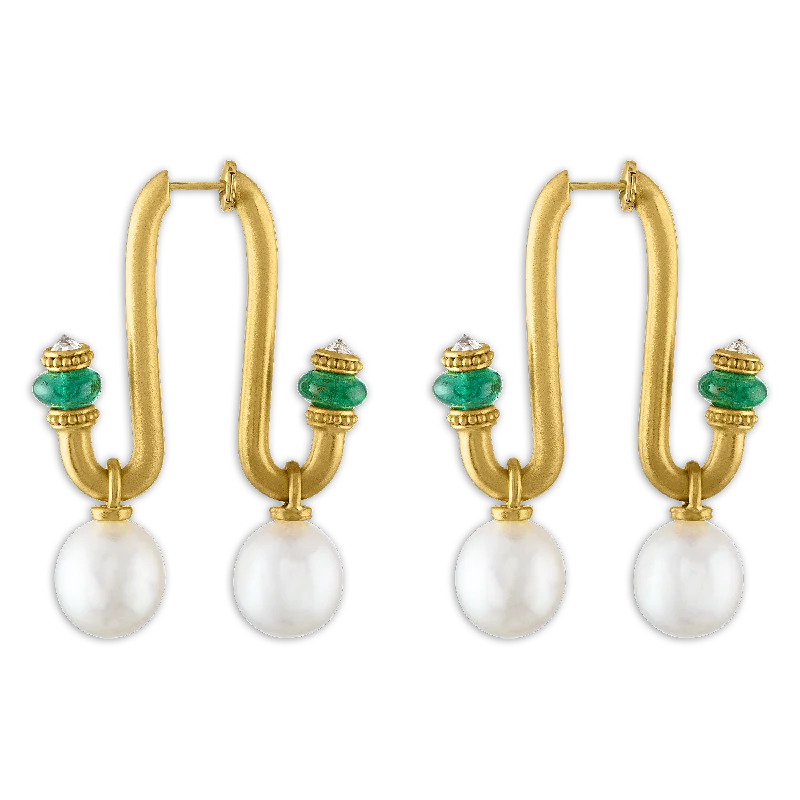 women's hexagon earrings -Large South Sea Pearl, Emerald, and Old Mine Diamond Tuba Earrings