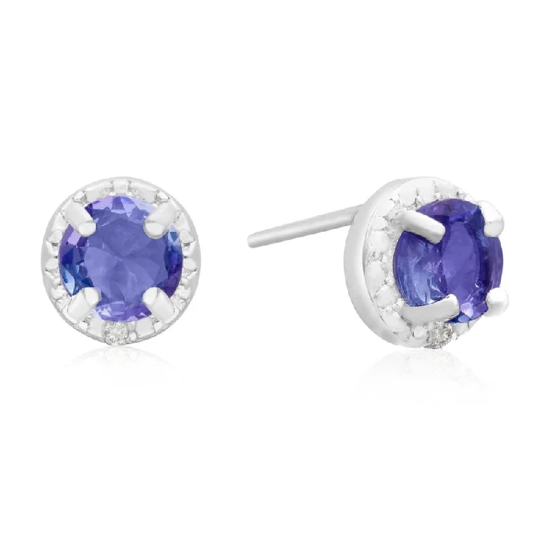 women's chain earrings -Marquee 1 Carat Tanzanite and Diamond Halo Stud Earrings in .925 Sterling Silver