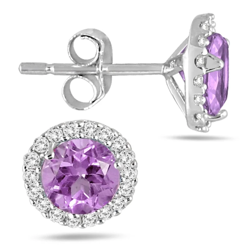 ladies' pearl earrings -Marquee 5MM Amethyst and Diamond Stud Earrings in 14K White Gold