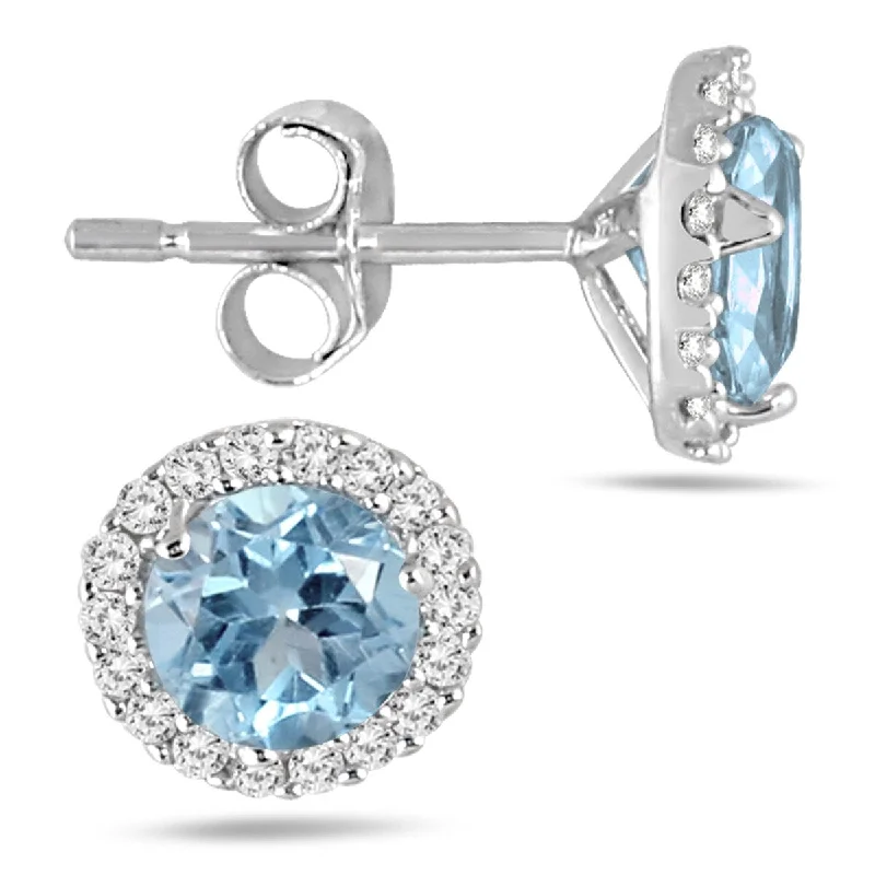 ladies' diamond earrings -Marquee 5MM Aquamarine and Diamond Stud Earrings in 14K White Gold