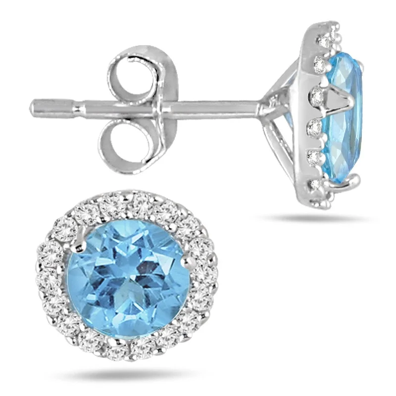 ladies' gemstone earrings -Marquee 5MM Blue Topaz and Diamond Stud Earrings in 14K White Gold