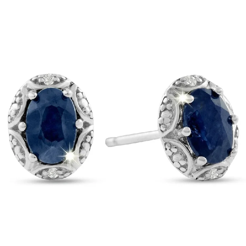 ladies' enamel earrings -Marquee Sapphire and Diamond Halo Stud Earrings In .925 Sterling Silver