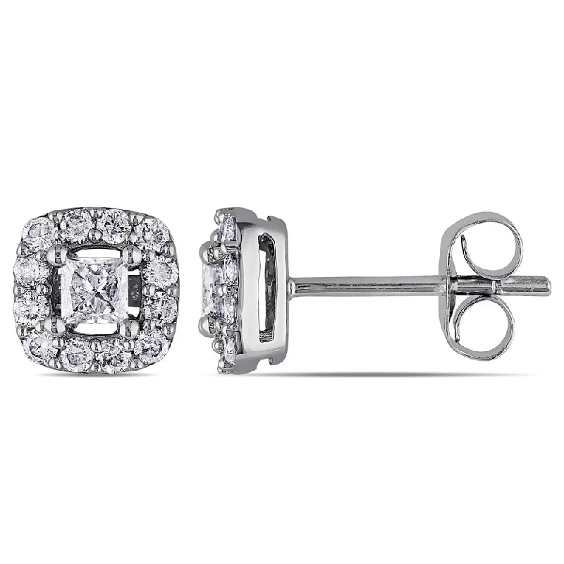 ladies' star earrings -Miadora 10k White Gold 1/2ct TDW Princess-cut Diamond Halo Stud Earrings - White G-H