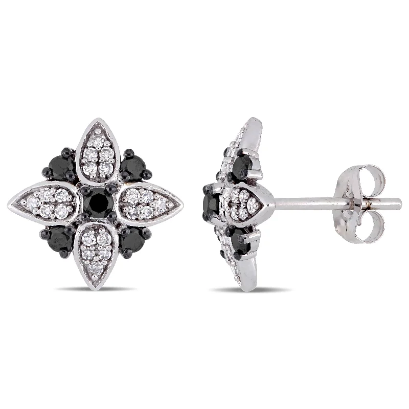 women's cluster earrings -Miadora 10k White Gold 3/8ct TDW Black and White Diamond Floral Stud Earrings