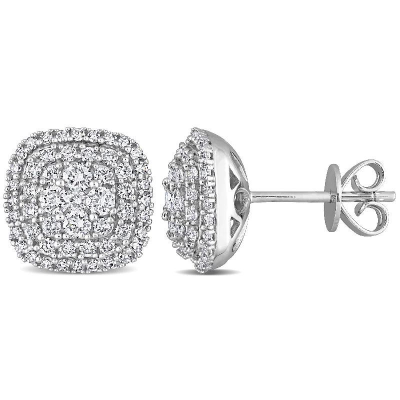 ladies' silver earrings -Miadora 14k White Gold 7/8ct TDW Diamond Square Halo Cluster Stud Earrings