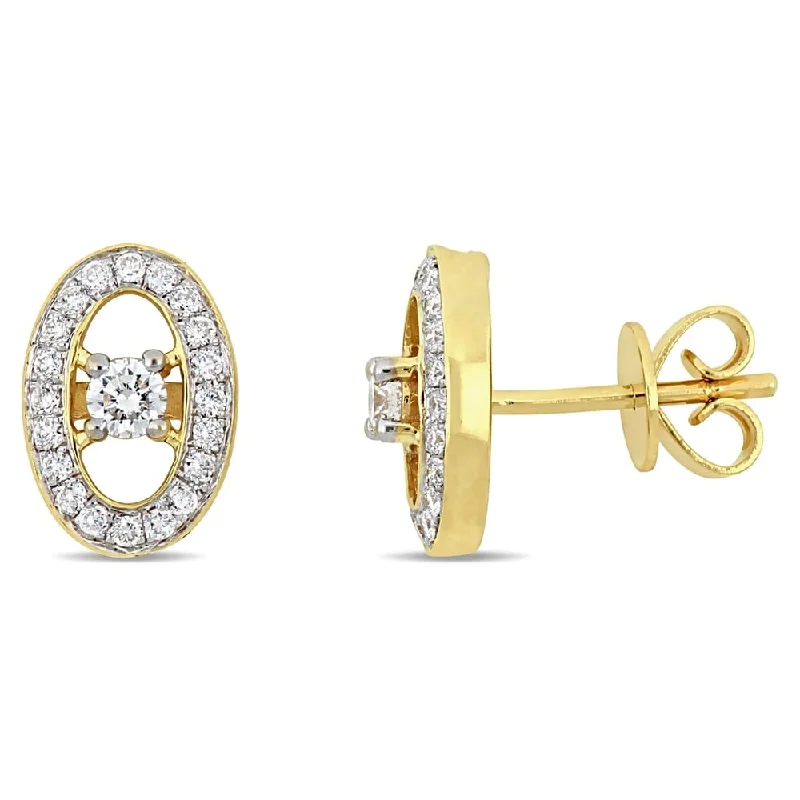 women's leaf earrings -Miadora 14k Yellow Gold 1/3ct TDW Diamond Floating Oval Halo Stud Earrings