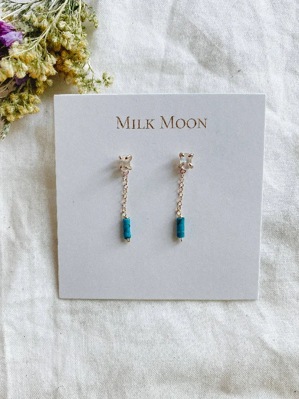 women's long drop earrings -Moonstone & Turquoise Chain Studs