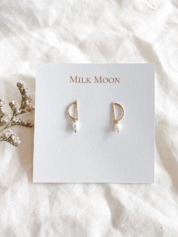 women's twist earrings -Pearl Half Moon Studs