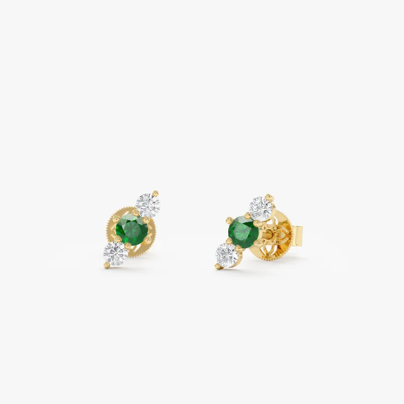 women's resin earrings -Round Emerald and Diamond Stud Earrings, Lina