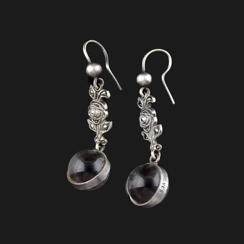 ladies' gemstone earrings -Silver Art Deco Pools of Light Marcasite Drop Earrings