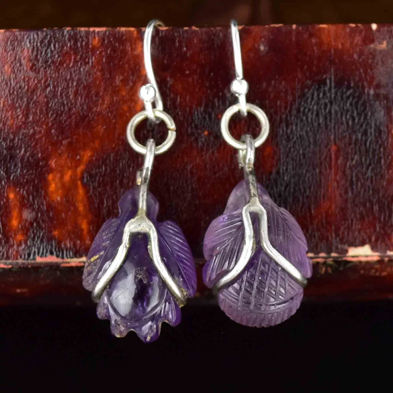 ladies' gold-plated earrings -Silver Carved Amethyst Cabochon Bug Leaf Drop Earrings