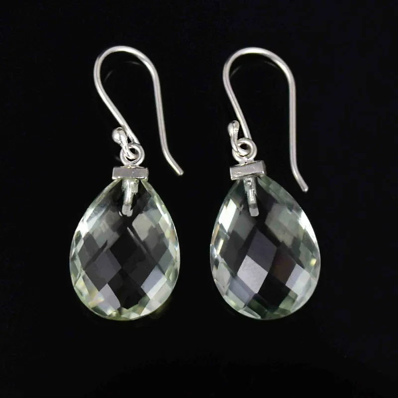 ladies' peacock earrings -Silver Faceted Green Amethyst Prasiolite Drop Earrings