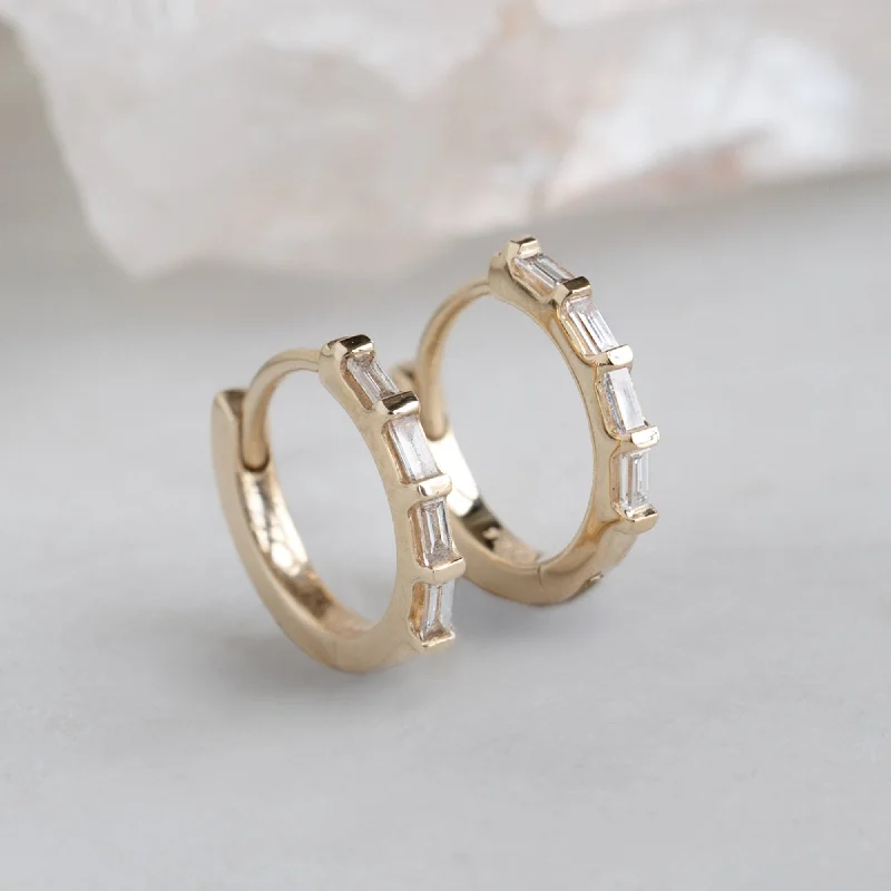 women's geometric earrings -The Baguette White Diamond Huggie Hoops | 14K Yellow Gold