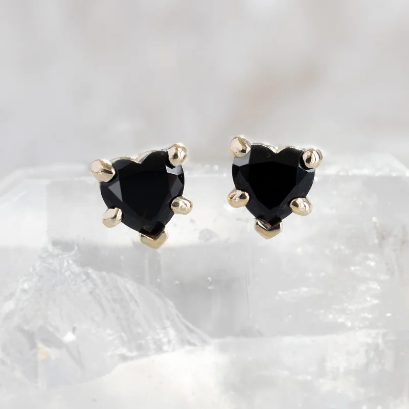 women's long drop earrings -The Black Onyx Gemstone Heart Stud Earrings | 14K Yellow Gold