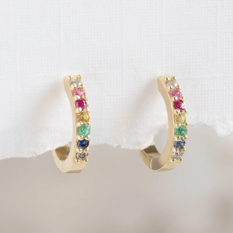 ladies' threader earrings -The Rainbow Sapphire Pavé Huggie Hoops | 14K Yellow Gold