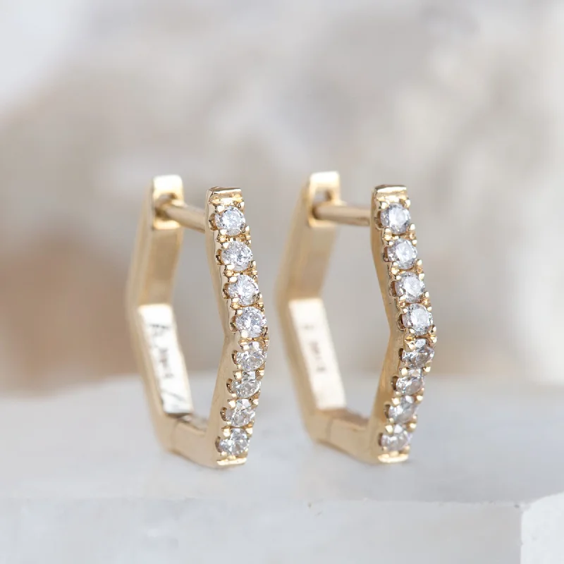 women's crescent earrings -The White Diamond Pavé Hexagon Hoops | 14K Yellow Gold