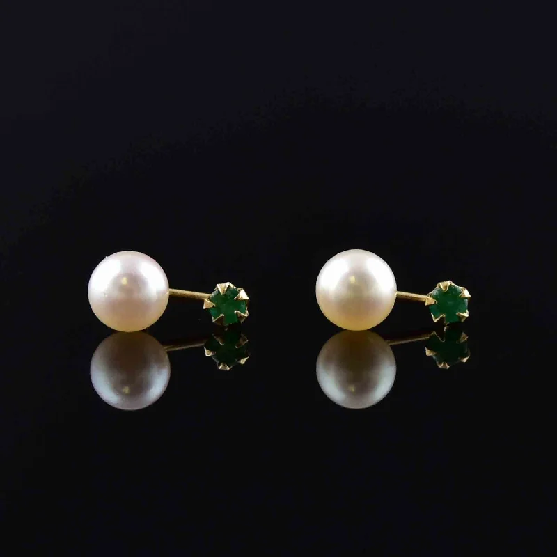 women's shell earrings -Vintage 14K Gold Emerald Pearl Stud Drop Earrings