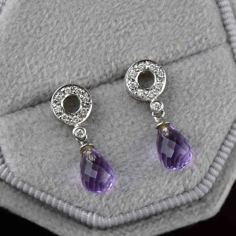 women's oversized hoop earrings -Vintage 14K White Gold Diamond Briolette Amethyst Earrings