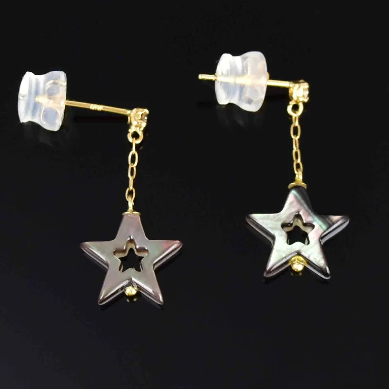 ladies' cubic zirconia stud earrings -Vintage 18K Gold Diamond Mother of Pearl Star Drop Earrings