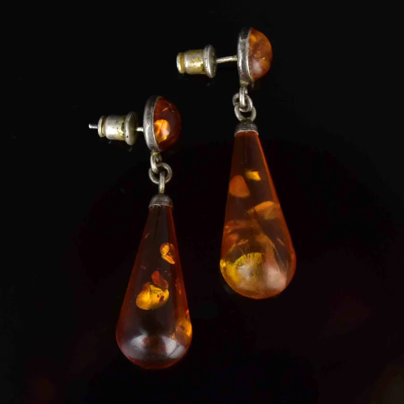 women's gothic earrings -Vintage Art Deco Style Silver Baltic Amber Drop Earrings