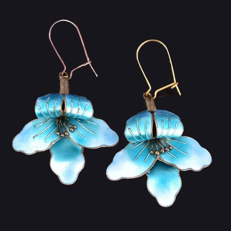 ladies' pearl earrings -Vintage Art Nouveau Style Laurel Burch Orchid Enamel Earrings