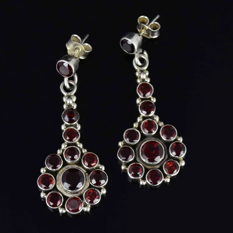 women's two-tone earrings -Vintage Garnet Floral Cluster Long Drop Earrings in Silver