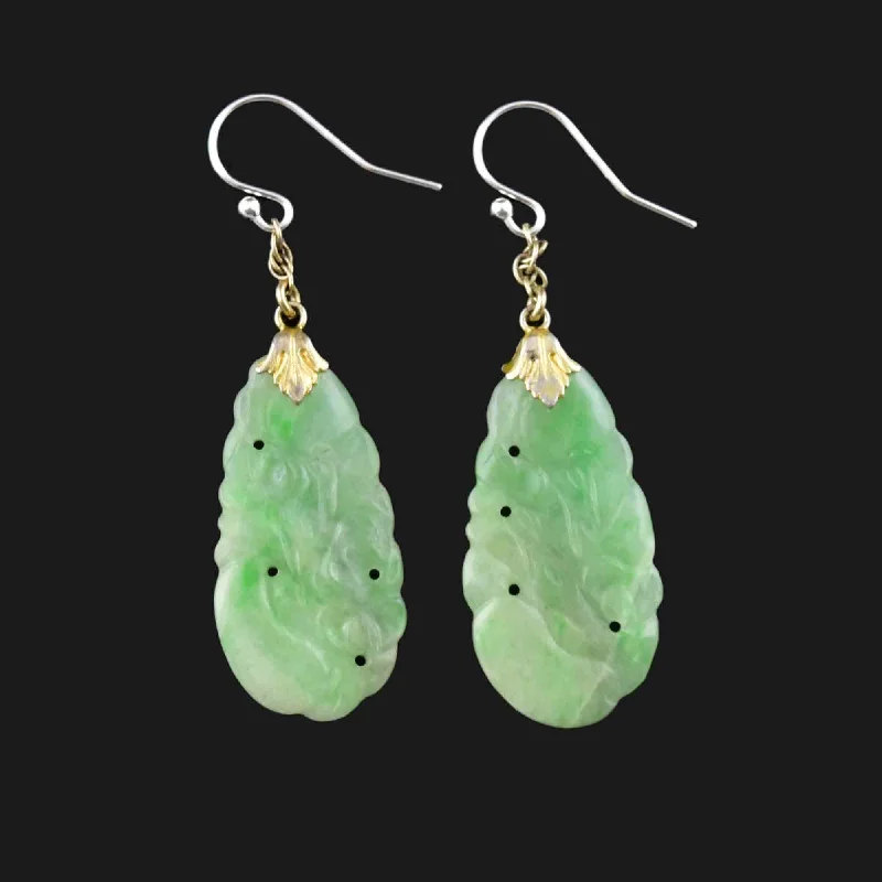 women's delicate earrings -Vintage Silver Carved Pierced Jade Chandelier Earrings