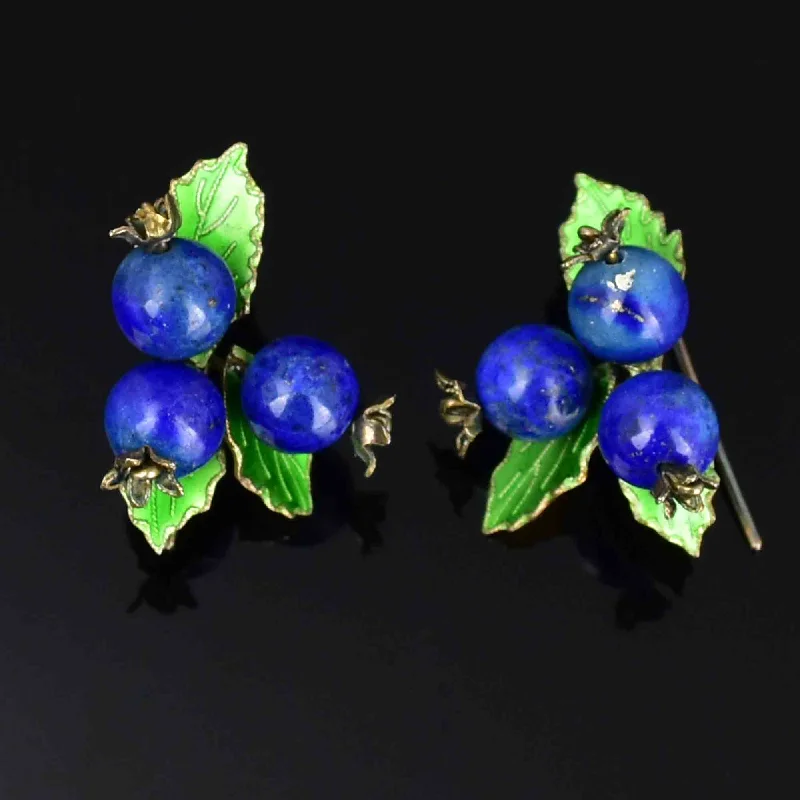 ladies' silver earrings -Vintage Sterling Silver Lapis Lazuli Blueberry Enamel Earrings