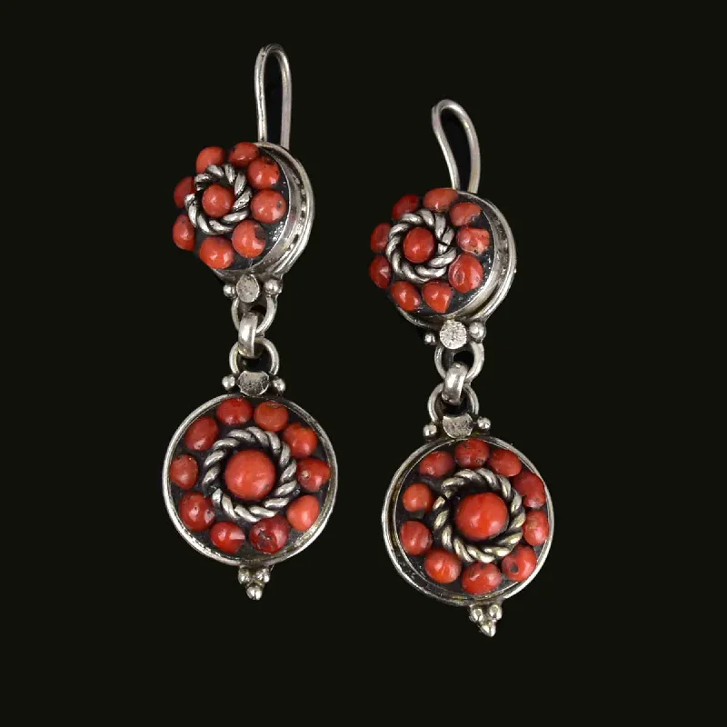 women's boho earrings -Vintage Sterling Silver Natural Coral Double Drop Earrings