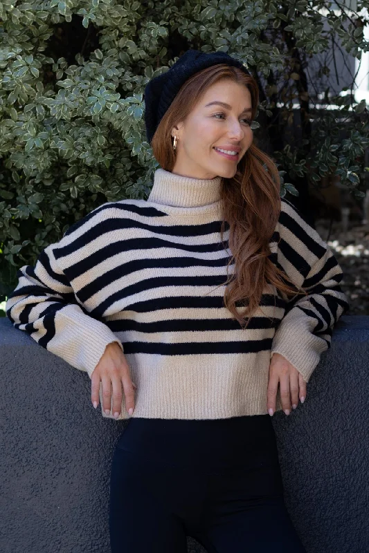 stylish high-neck tops for women -Beige and Black Striped Turtleneck Sweater