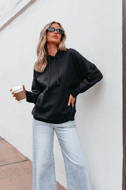 women's off-shoulder tops -Black Cashmere Hooded Sweater