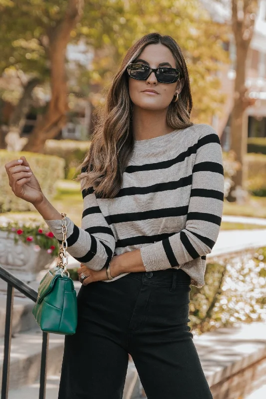 women's henley tops -Black Coffee Long Sleeve Striped Sweater