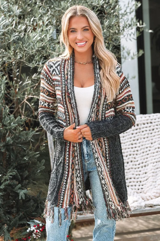 ladies' checkered tops -Black Tribal Print Fringe Duster Cardigan