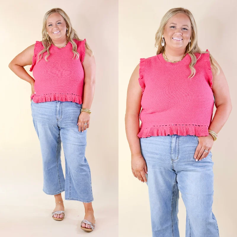 women's keyhole tops -Breezy Baby Cropped Sweater with Ruffle Cap Sleeves in Hot Pink