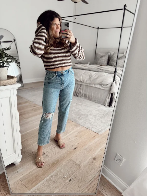 women's classic tops -Brown Crochet Striped Sweater - FINAL SALE