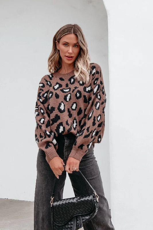 women's lightweight tops -Brown Leopard Print Ribbed Sweater