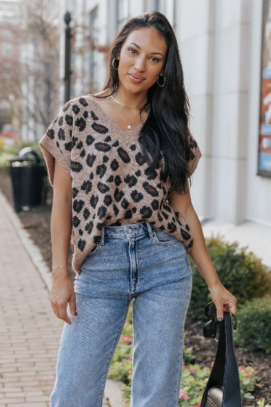 trendy keyhole tops for women -Brown Leopard Print Sweater Vest