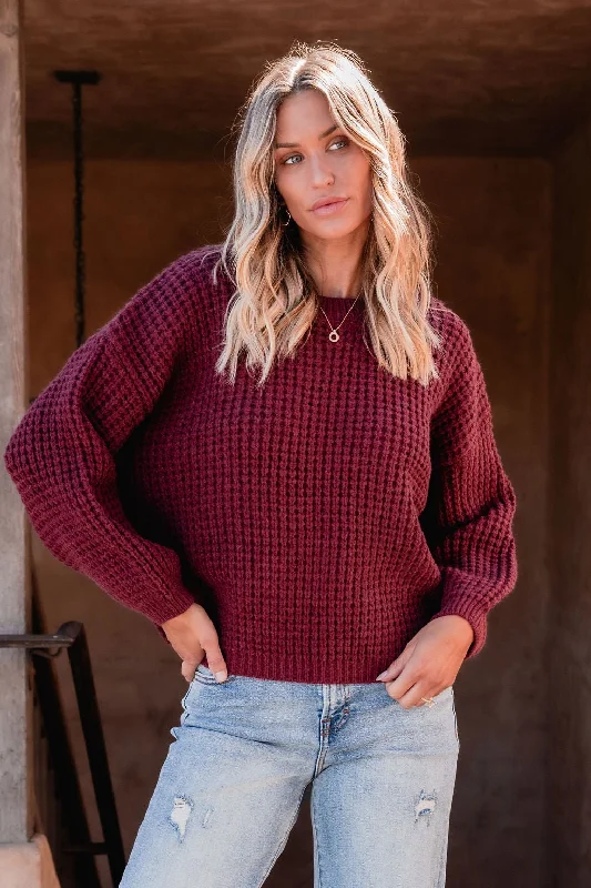 women's modern blouses -Burgundy Ribbed Waffle Knit Sweater