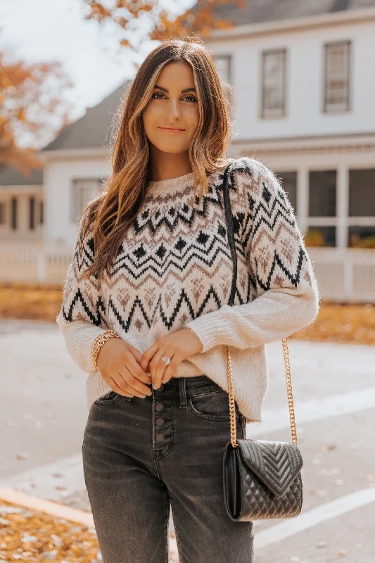 women's relaxed fit tops -Carolina Beige Fair Isle Crewneck Sweater